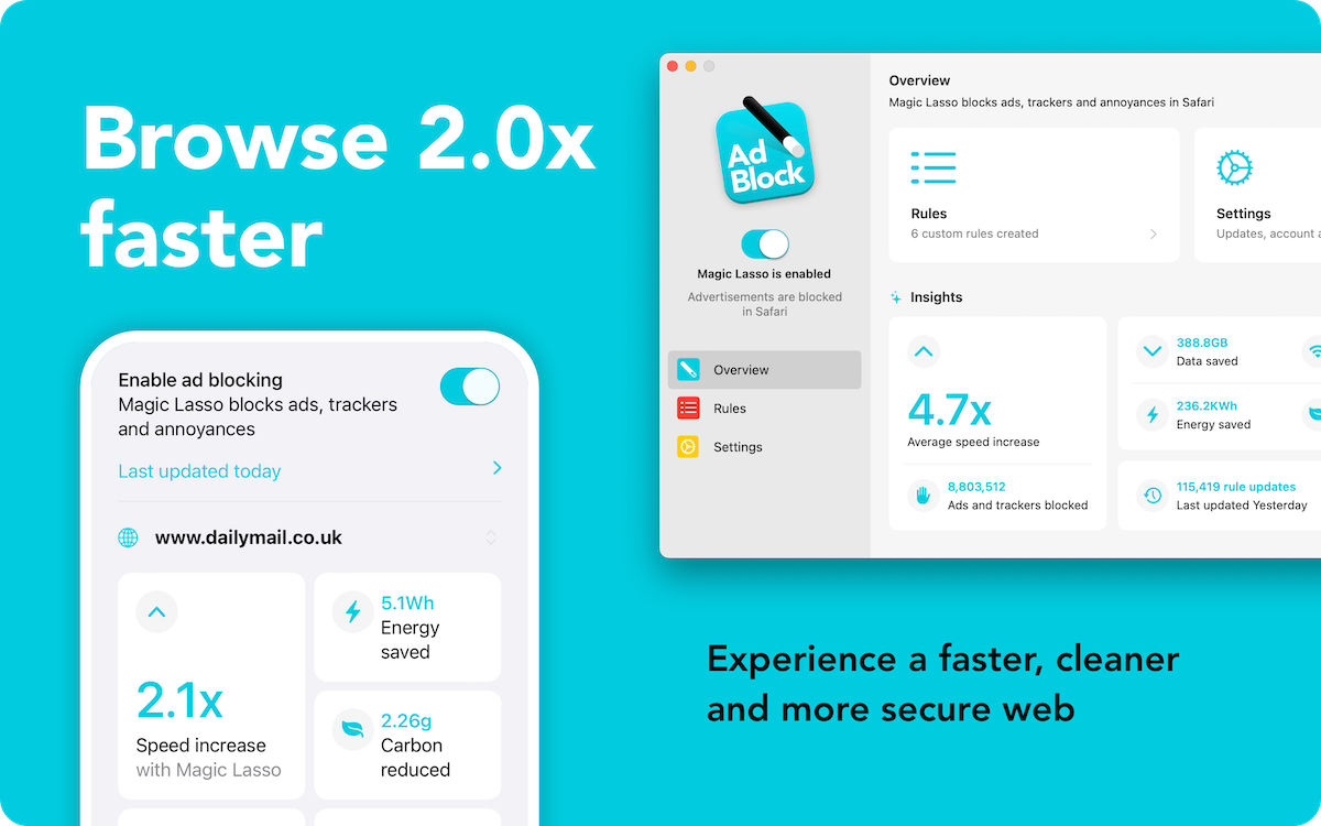 Magic Lasso Adblock: browse 2.0x faster