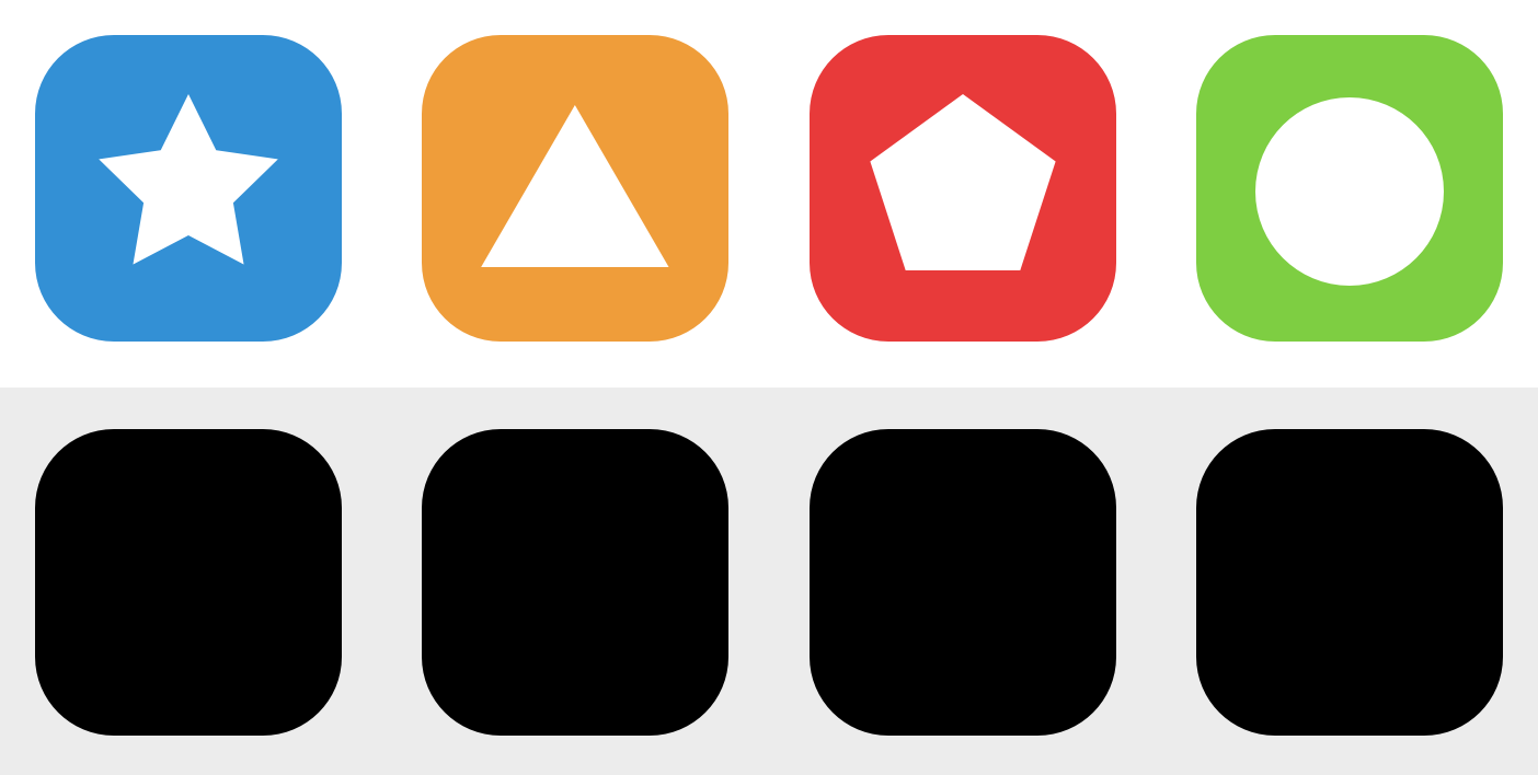 A comparison of four icons in the first row each set in rounded squares of blue, orange, red, and green, each with a different white glyph. In the second row are four black rounded squares.