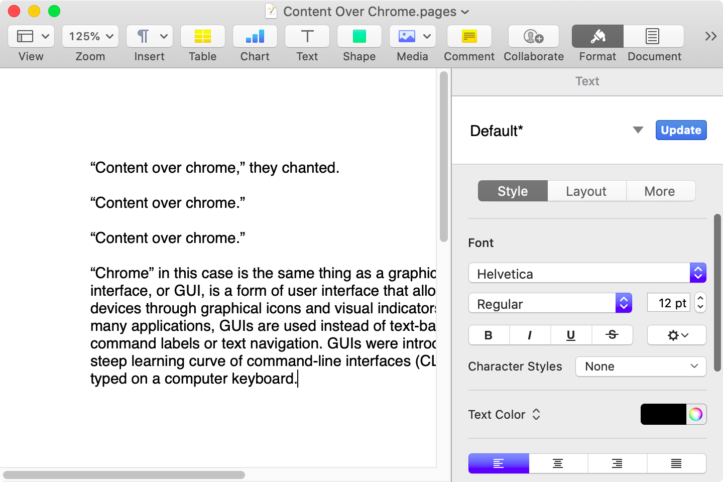 A screenshot of Pages running under MacOS Catalina