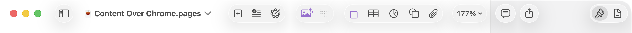 A screenshot of the full Pages toolbar featuring monochromatic dark grey icons except for a few purple ones