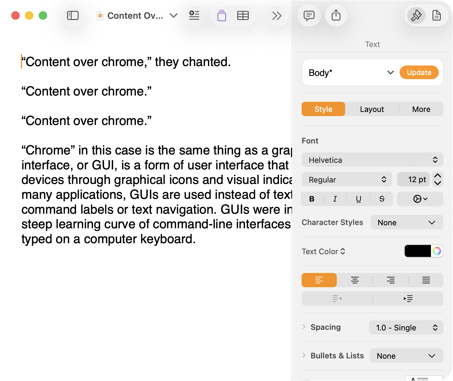 A screenshot of Pages running under MacOS Tahoe with the Reduce Transparency setting enabled