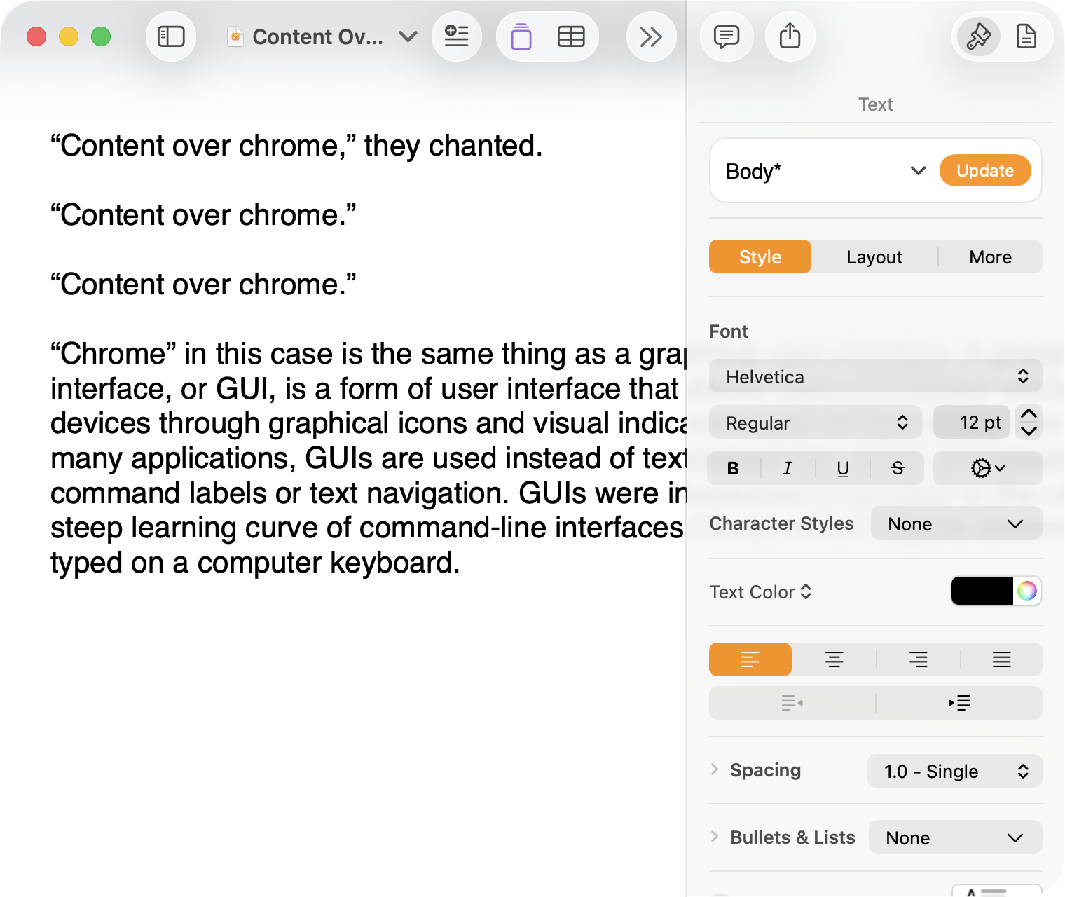A screenshot of Pages running under MacOS Tahoe